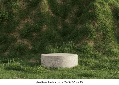 Abstract 3d render platform and stage natural background, Stone podium on the grass field backdrop meadow mountain for product stand display, advertising, mockup or etc