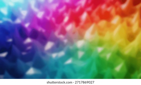 Abstract 3D render of a polygonal landscape in vibrant rainbow colors.