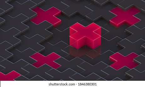 Abstract 3D Render. Red And Dark Medical Cross Or X Or Plus. Symbols Or Signs. Modern Pattern Illustration. Background Wallpaper. Health Care Poster Or Banner Design. Isometric Composition.