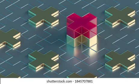 Abstract 3D Render. Red, Gold And Blue Medical Cross Or X Or Plus. Symbols Or Signs. Modern Pattern Illustration. Background Wallpaper. Health Care Poster Or Banner Design. Isometric Composition.