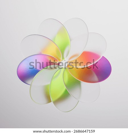 Abstract 3d render. Round flat glass lenses arranged in the shape of a flower. Kaleidoscope of oval crystals. Modern minimalist concept