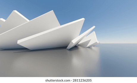 Abstract 3D render of sharp white geometric angular planes forming a futuristic deconstructivist monument structure on a reflective floor against a blue sky