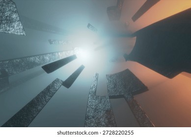 Abstract 3D render showing floating geometric blocks inside a foggy tunnel, illuminated by cool white light on one side and warm orange light on the other. No people present.