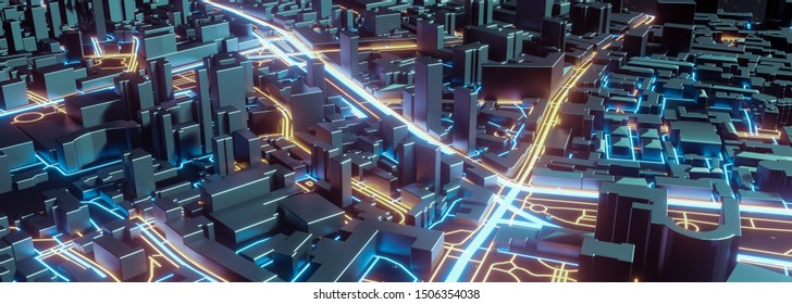 Abstract 3d render of techno panorama landscape city. Urban and futuristic visual technology concepts