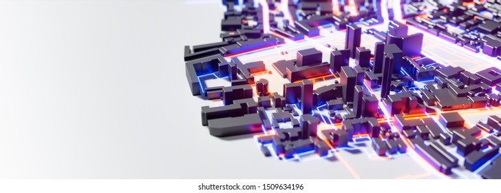 Abstract 3d render of techno panorama landscape city. Urban and futuristic visual technology concepts