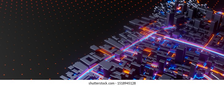 Abstract 3d render of techno panorama landscape city. Urban and futuristic visual technology concepts