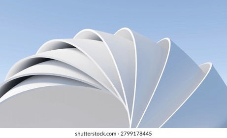 Abstract 3D render of white curved architectural layers overlapping in a fan pattern against a blue sky. Minimalist modern background
