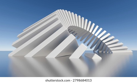 Abstract 3D render of a white geometric arch structure made of repeating rectangular blocks twisting against a blue sky, minimalist architecture