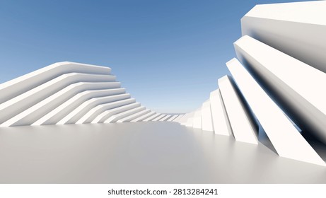 Abstract 3D render of white minimalist parametric architecture under a clear blue sky