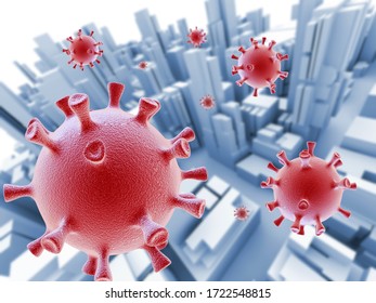 Abstract 3D Rendered Cityscape Under Attack By Coronavirus