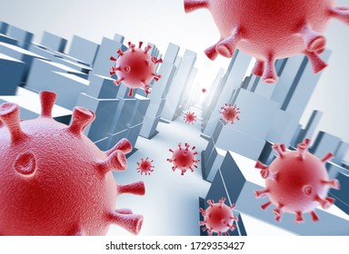 Abstract 3D rendered cityscape under attack by coronavirus