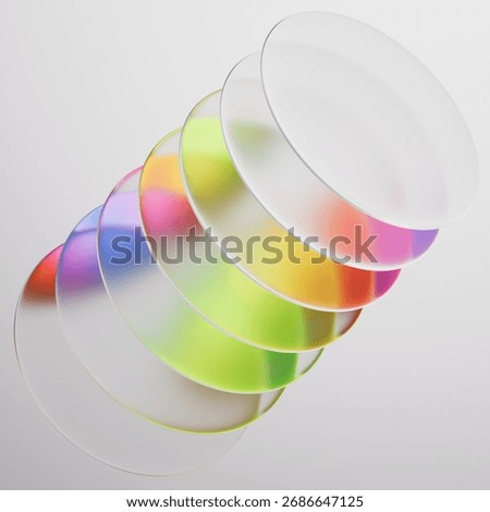 Abstract 3d rendered image with colored glass lenses. A kaleidoscope of oval crystals with iridescent dispersion.