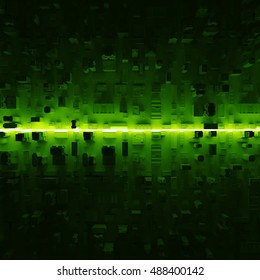 Abstract 3d rendering background. City block with bright line that cross it. Glowing 3d shape  in the center of computer generated city. Concept illustration.