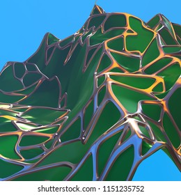Abstract 3d rendering of chaotic green landscape structure with golden frame. Futuristic shape in empty space