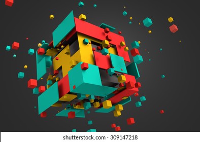 Abstract 3d rendering of chaotic particles. Colored cubes in empty space. Colorful background.