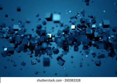 Abstract 3d rendering of chaotic particles. Poster with random cubes in empty space. Futuristic background.