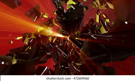 Abstract 3d rendering of chaotic shapes. Explosion of glowing particles. Shapes in empty space. Futuristic technology style background. 3D illustration.