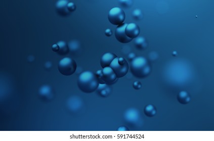 Abstract 3d rendering of chaotic spheres. Flying particles in empty space. Dynamic shape. Futuristic background with bokeh, depth of field effect. Design for poster, banner, placard.