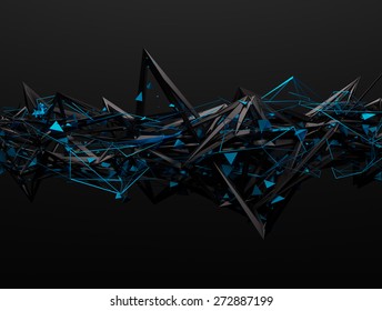 Abstract 3d Rendering Of Chaotic Structure. Dark Background With Futuristic Shape In Empty Space.