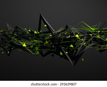 Abstract 3d Rendering Of Chaotic Structure. Dark Background With Futuristic Shape In Empty Space.