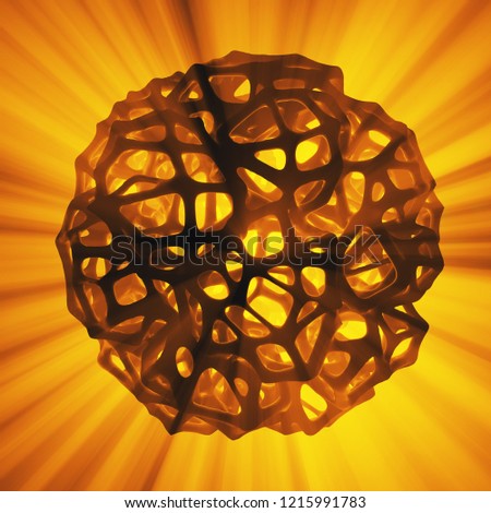 Abstract 3d rendering concept of high poly sphere with chaotic mesh grid cellular mulecular structure. Sci-fi background with polygonal shape in empty space with light god rays. Futuristic design bio