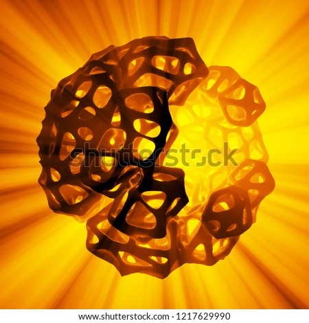 Abstract 3d rendering concept of high poly sphere with chaotic mesh grid cellular mulecular structure. Sci-fi background with polygonal shape in empty space with light god rays. Futuristic design bio