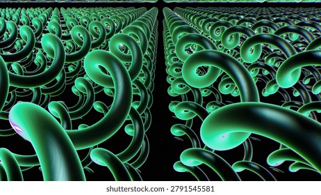 Abstract 3D Rendering of a Field of Green Spiral Shapes Forming a Complex Geometric Pattern Against a Black Background