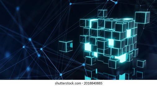 Abstract 3d rendering of a flying cube. Sci fi shape in empty space. Futuristic background. illustration - Shutterstock ID 2018840885