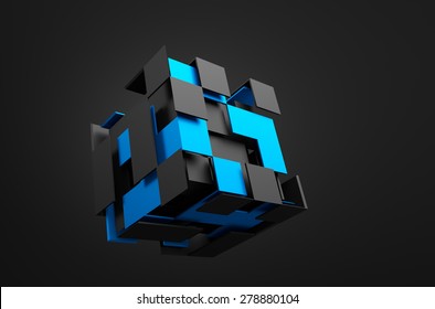 Abstract 3d Rendering Of Flying Cube. Sci Fi Shape In Empty Space. Futuristic Background.