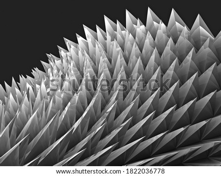 Abstract 3D rendering of free form wave with sharp pyramid shaped white glossy reflective thorns on a black background