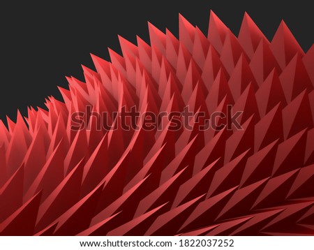 Abstract 3D rendering of free form wave with sharp pyramid shaped dark red thorns on a black background