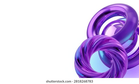 Abstract 3D rendering of glossy purple intertwined rings on a white background. Futuristic shapes with reflections and copy space on left side.
