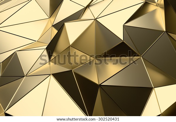 Abstract 3d rendering of gold surface. Futuristic background with lines and low poly shape.