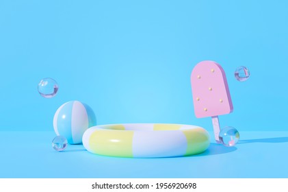 Abstract 3d rendering of inflatable ring on blue pastel background scene with bubbles water and ice cream stick for stage design. Creative ideas minimal summer fun in studio room.