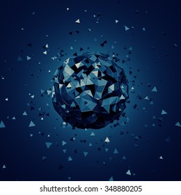 Abstract 3d rendering of low poly sphere with chaotic structure. Sci-fi background with globe in empty space. Futuristic shape.