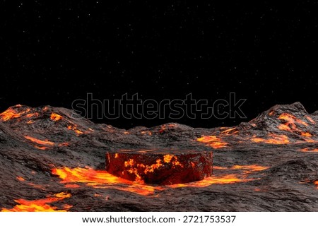 Abstract 3D rendering night blackground, Stone Podium on lava and magma volcano at night with many stars for for product display, advertising, mockup or etc