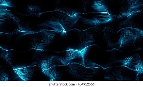 Abstract 3d Rendering Particle Background, Lines Surface Displaced  With Turbulence Field