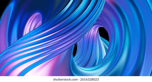 Abstract 3D rendering of smooth, metallic ribbons twisting dynamically in vibrant neon blue, purple, and pink gradients on black background.