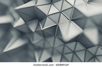 Abstract 3d rendering of triangulated surface. Contemporary background. Futuristic polygonal shape. Distorted low poly backdrop with sharp lines. Design for poster, banner, placard.