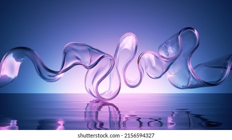 abstract 3d rendering  ultraviolet background and clear transparent glass ribbon levitating above the wet floor  modern minimal scene illuminated and bright neon light