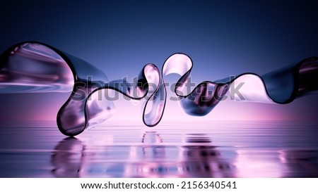 abstract 3d rendering, wavy iridescent metallic shape above the water with reflection. Modern unique wallpaper