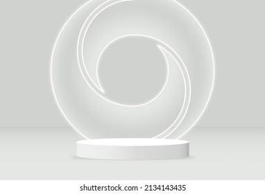 Abstract 3D rendering White cylinder podium studio with a light on the wall. Geometric shape object illustration for banner, poster, and wallpaper. Display for product. copy space.