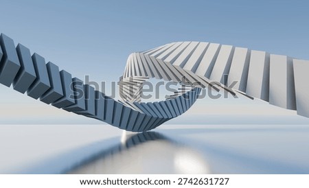 Abstract 3D rendering of white geometric blocks forming a DNA-like spiral structure. Futuristic architectural concept for connectivity, innovative technology, and dynamic business process