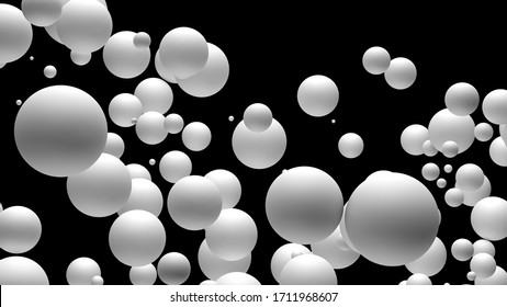 Abstract 3D rendering of white spheres with matte reflections. Isolated chaotic flowing balls on a black background. 3D digital illustration composition.   