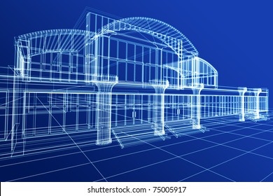 Abstract 3D sketch of office building on blue