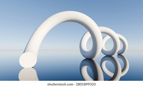 Abstract 3D spiral geometric shape resting on a reflective blue surface under a clear sky. Minimalist white helix architecture background