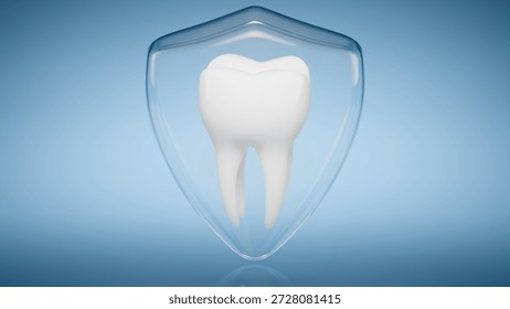 Abstract 3D tooth inside a protective frame, representing long-term dental care, oral health maintenance, and preventive dentistry