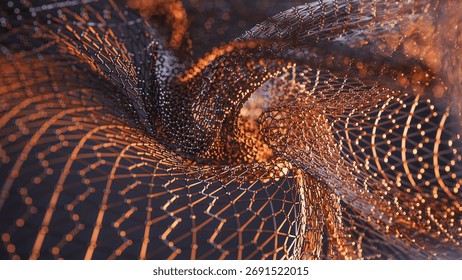 Abstract 3D visualization of metallic wireframe mesh with depth of field effect. 3D Illustration