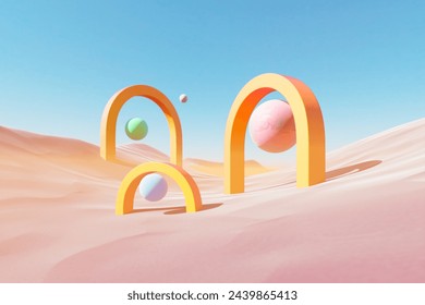 An abstract, 3D-rendered landscape portraying a dreamy desert under a soft pink sky, adorned with vibrant pastel geometric arches and floating spheres, blending digital creativity with nature. - Powered by Shutterstock