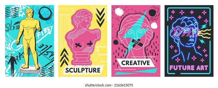 Abstract acid psychedelic poster with greek sculpture and graffiti. Creative neon prints with ancient statue. Crazy street design  set of psychedelic creative, greek sculpture design - Powered by Shutterstock